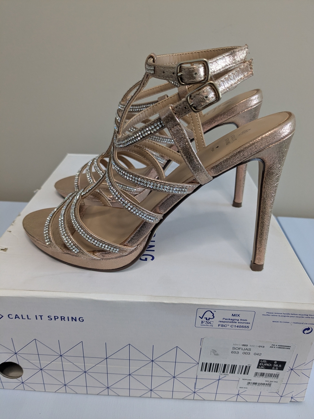 Call It Spring Rose Gold Strappy Rhinestone High Heels - Picture 3 of 5